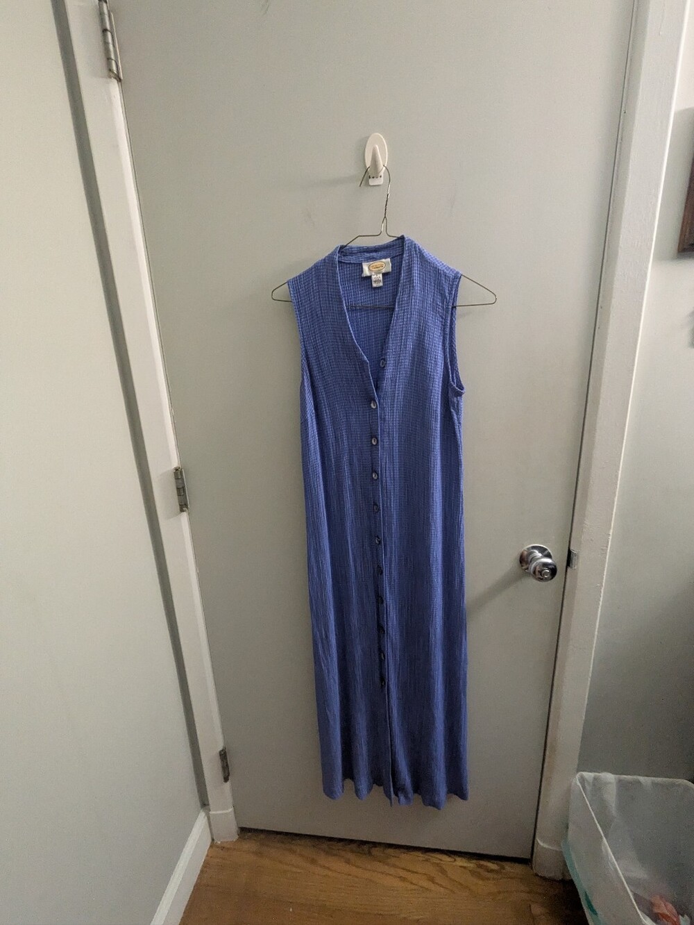 VTG Talbots Blue Seersucker Gingham Button Front Sleeveless Maxi Dress Cottage